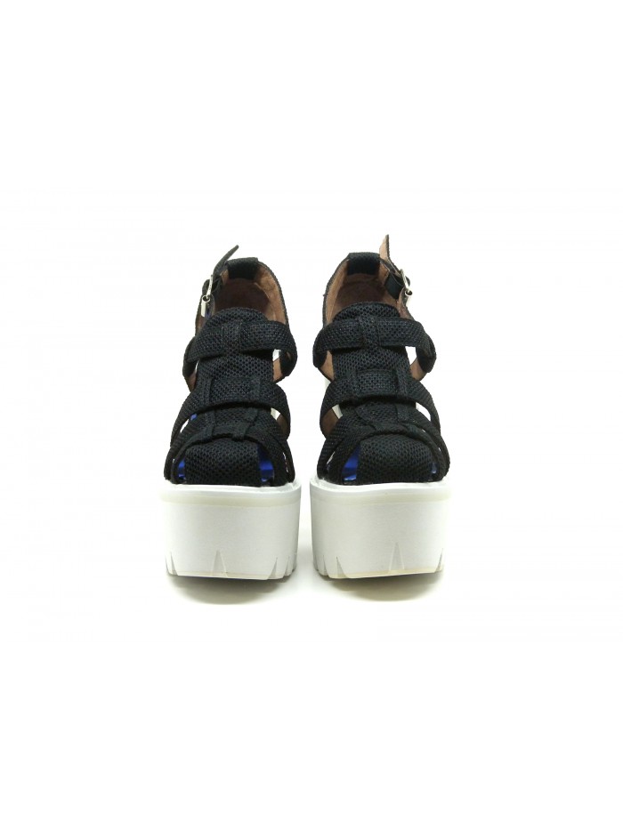 Black Mesh Woman sandals with wedge heel and white rubber heel, fabric