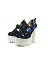 Black Mesh Woman sandals with wedge heel and white rubber heel, fabric