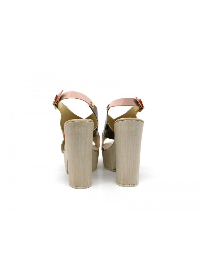 Sandali Donna con tacco 130mm e zeppa suola, effetto glossy con fibbia