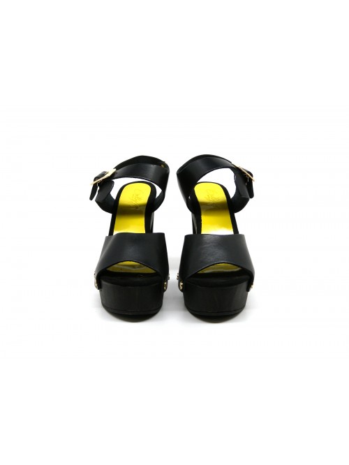Women's sandals with 130mm heel and wedge sole, black cowhide