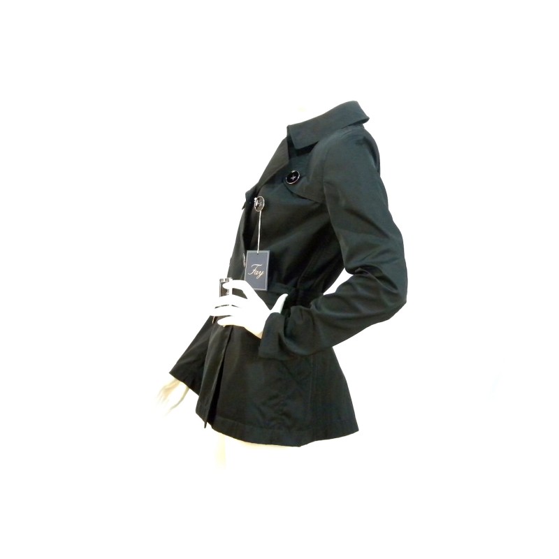 Double breasted Trench jacket Woman with wide buttons and adjustable waist belt.