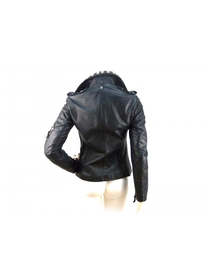 Women's jacket lined, biker model with studs on the neck