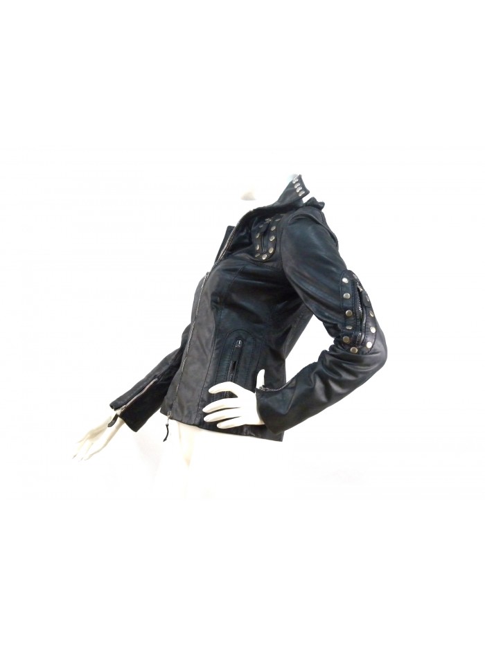 Women's jacket lined, biker model with studs on the neck