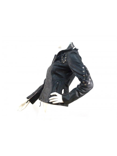 Women's jacket lined, biker model with studs on the neck