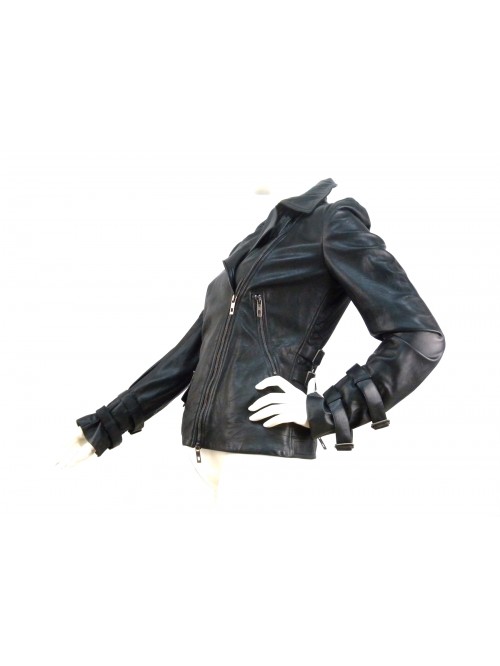 Asymmetrical women's jacket, neck with side zip closure