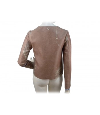 Woman open jacket with lilac floral pattern on camel background 2