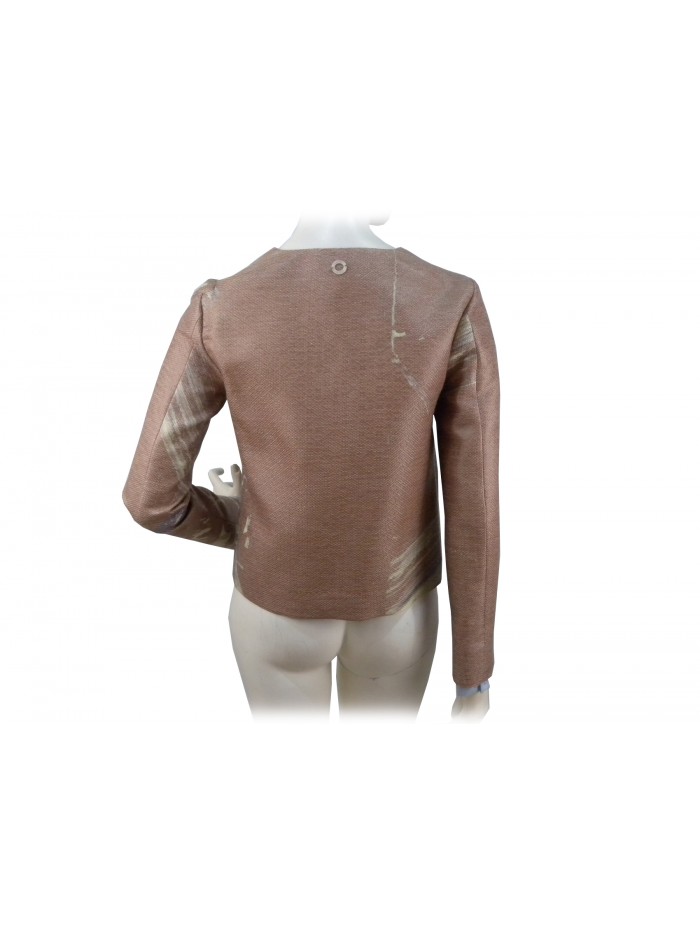 Giacca donna aperta fantasia floreale lilla su fondo cammello