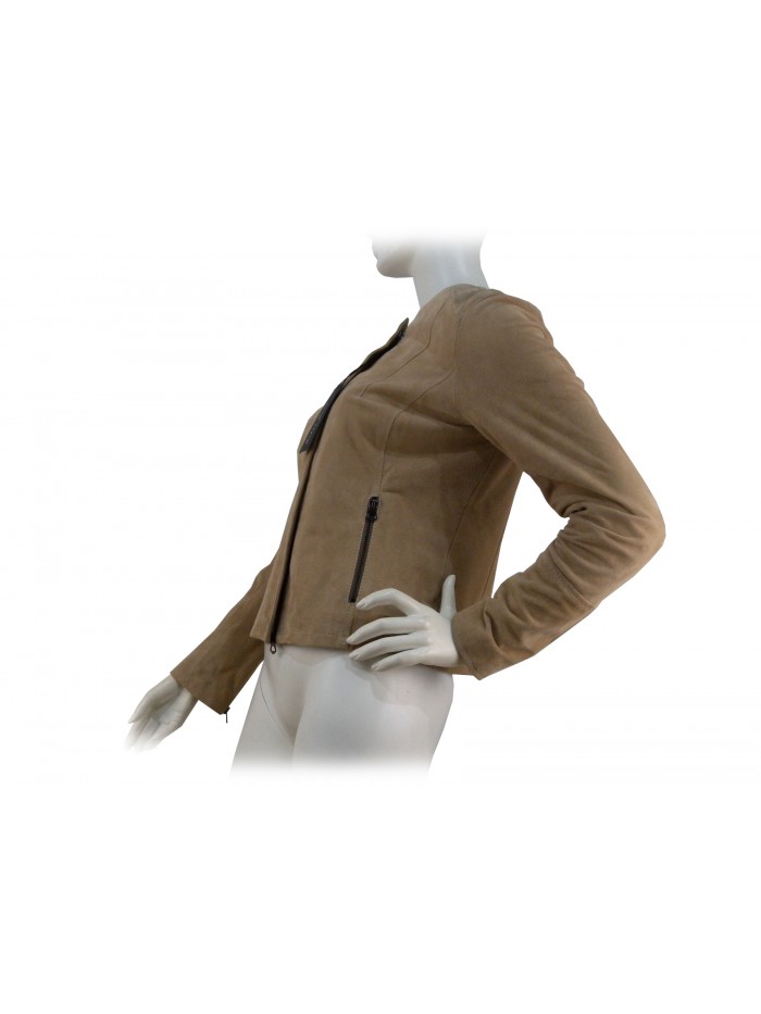 Woman jacket mod. Aurora suede, chanel collar closure and 2 pockets