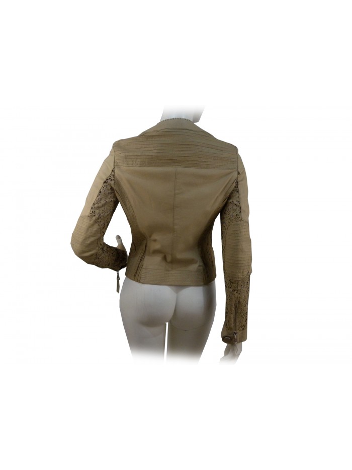 Washed leather jacket with a high-tech laser floral pattern