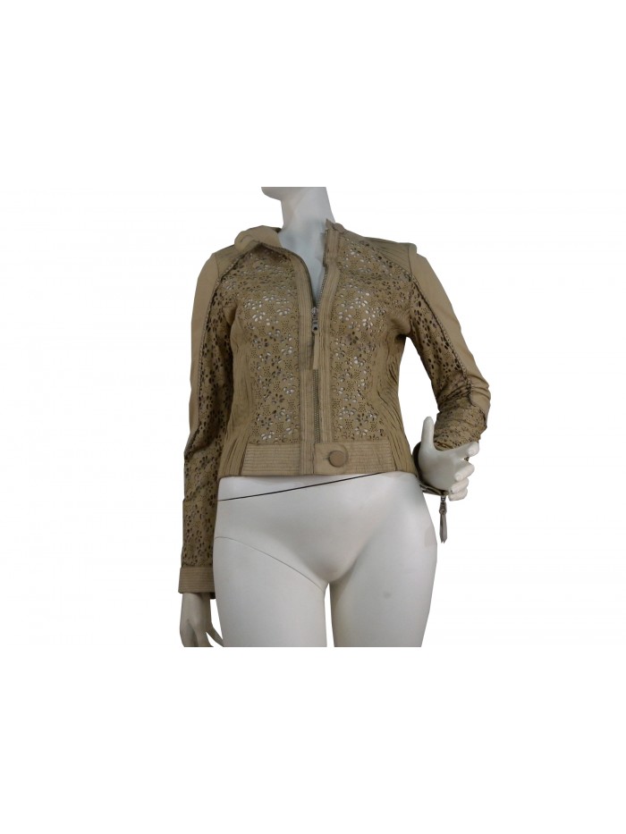 Giacca donna pelle lavata con fantasia floreale laser collo alto Giacca donna pelle lavata con fantasia floreale laser collo alto