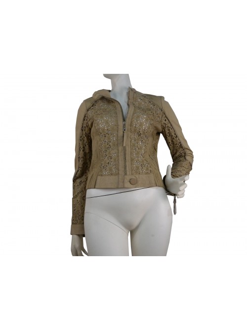 Giacca donna pelle lavata con fantasia floreale laser collo alto Giacca donna pelle lavata con fantasia floreale laser collo alto