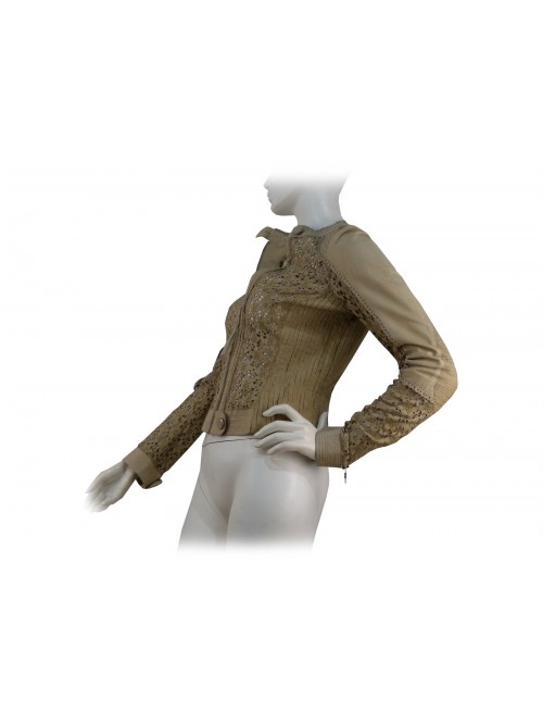 Washed leather jacket with a high-tech laser floral pattern