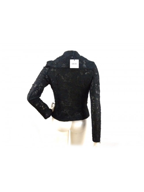 Giacca donna modello chiodo con decoro floreale pizzo