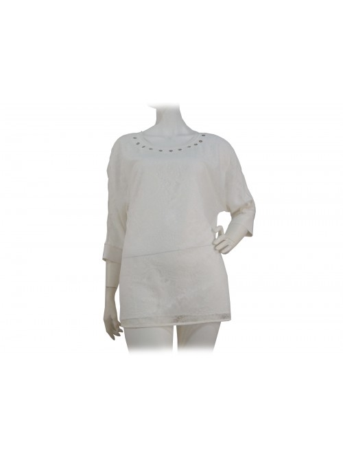 Bluse donna ampio con parte anteriore effetto pizzo con borchie Bluse donna ampio con parte anteriore effetto pizzo con borchie