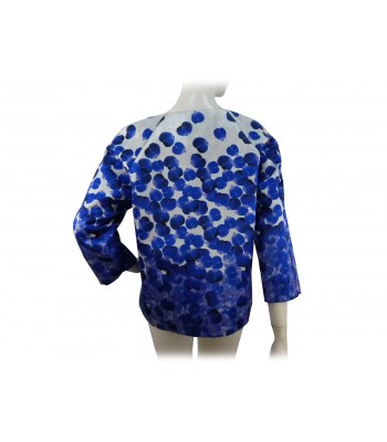 Ortensia hooded duchess woman's jacket with blue petals on a gray background 2