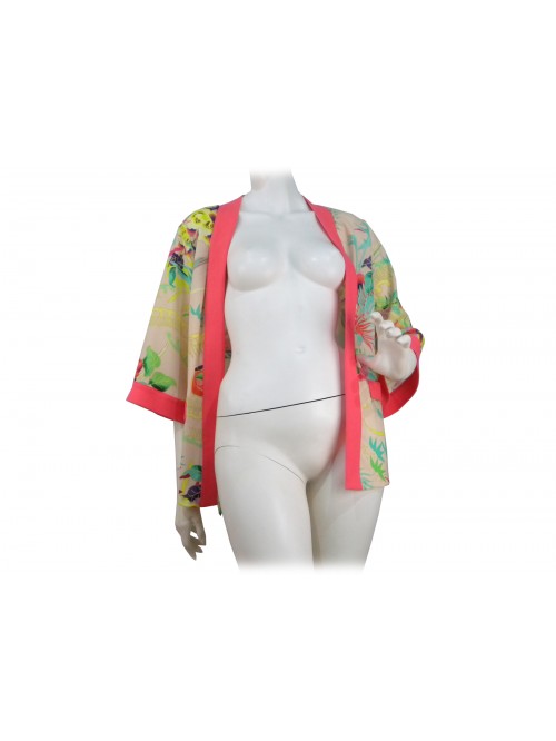 Giacca donna modello Kimono aperta, manica 3/4 larga fantasia floreale Giacca donna modello Kimono aperta, manica 3/4 larga fantasia floreale