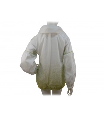 Women's unlined jacket with wide collar over model. 2