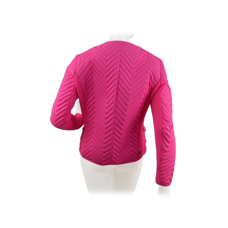 Women's quilted jacket in zig-zag contrast fabric sides with zip closure.