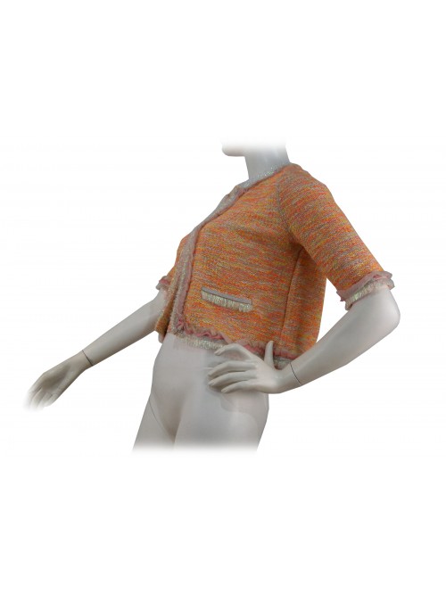 Short unlined women's jacket, 3/4 sleeve, fringed on silver edges