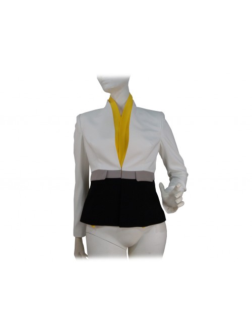 Elegant low-cut woman jacket with contrast neck scarf Elegant low-cut woman jacket with contrast neck scarf