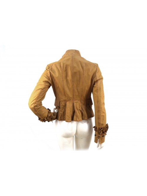 Woman jacket decorated with floral leather inserts on the chest