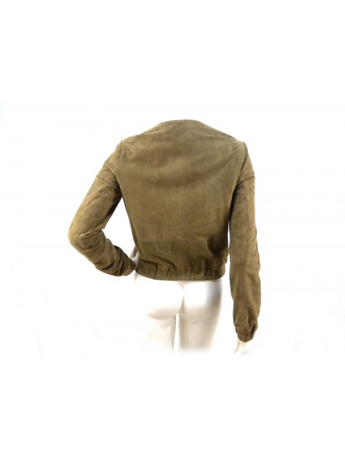 Suede bomber jacket woman with stones embroidery on neck closure