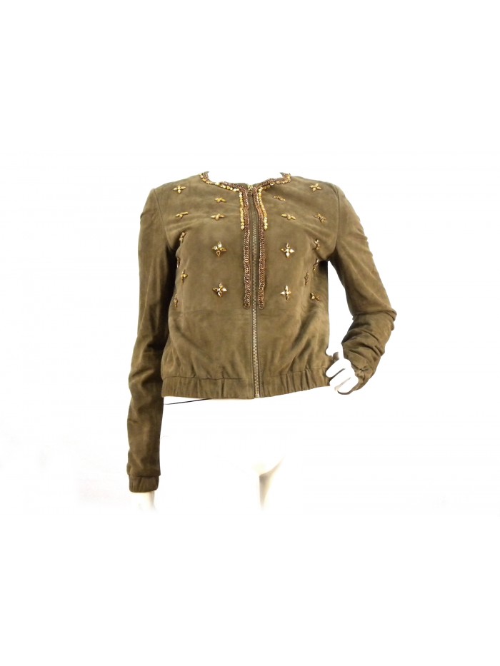 Giacca donna bomber in suede con ricamo pietre su chiusura collo Giacca donna bomber in suede con ricamo pietre su chiusura collo