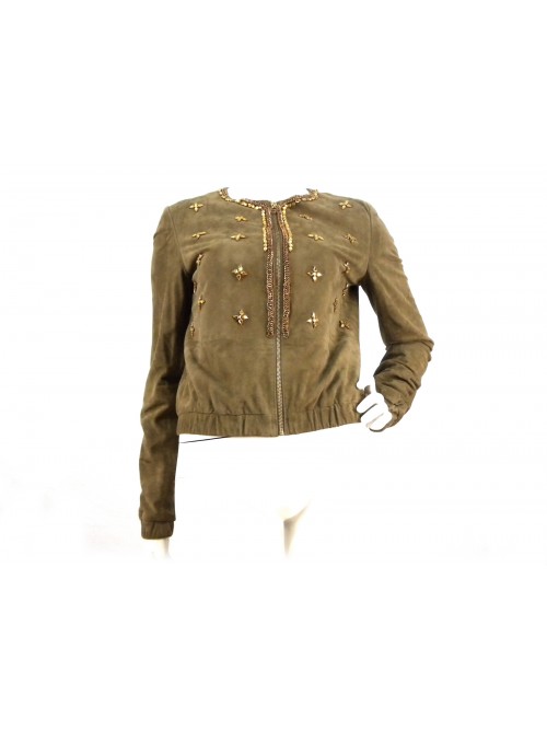 Giacca donna bomber in suede con ricamo pietre su chiusura collo Giacca donna bomber in suede con ricamo pietre su chiusura collo