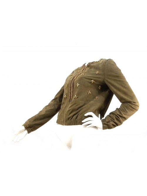 Suede bomber jacket woman with stones embroidery on neck closure