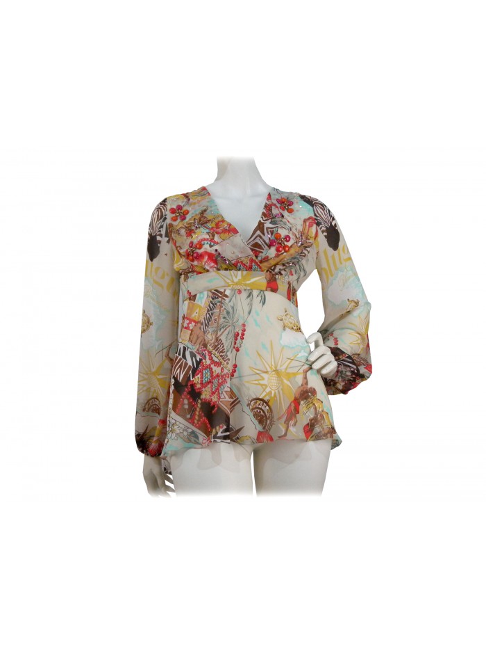 Empire style V-neck woman shirt with stone inserts