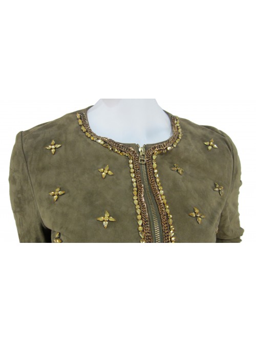 Suede bomber jacket woman with stones embroidery on neck closure