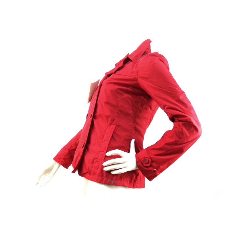 Wallace woman extra light double breasted jacket with colored buttons and martingale.