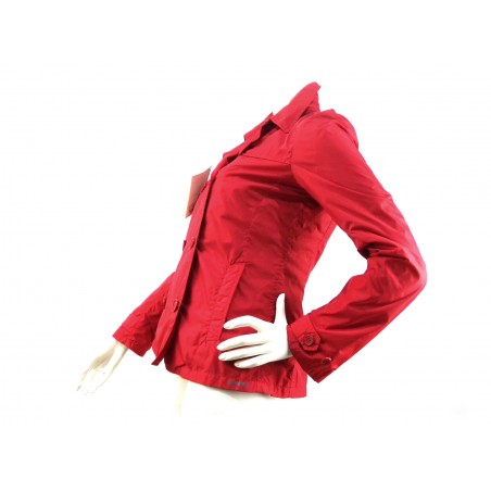 Wallace woman extra light double breasted jacket with colored buttons and martingale.