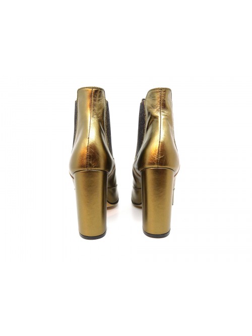 Woman shoe Mod. Tronchetto Tacco Tondo Gold, antique effect leather, elastic side, 100 mm heel