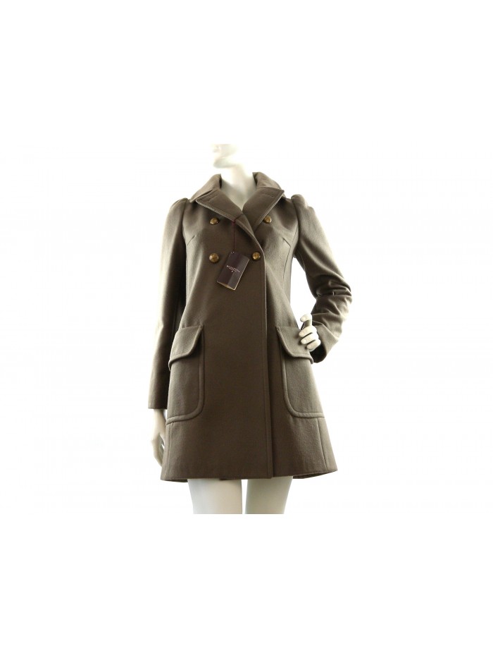 Woman coat Art. 1PJ124, 3/4 double breasted with 2 patch pockets and buttons in bronzed metal, sleeves and shoulder straps.