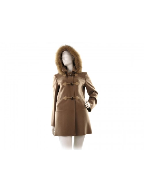 Woman jacket Mod. 9533 Montgomery, regular fit, buttons with faux leather inserts, detachable hood with fox fur on color.