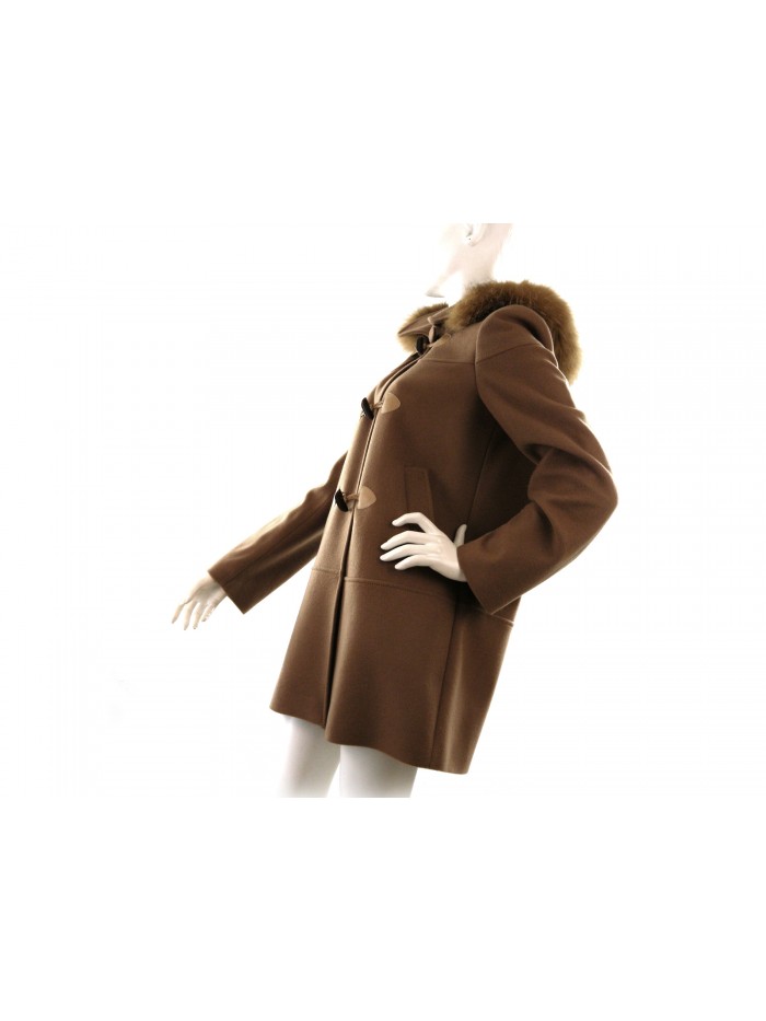 Woman jacket Mod. 9533 Montgomery, regular fit, buttons with faux leather inserts, detachable hood with fox fur on color.