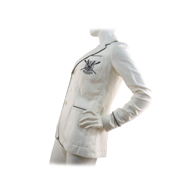 Giacca Donna Cricket Sport Coat Wov taglio maschile slim con stemma sul taschino e bordino decorativo a contrasto bianco/blu.