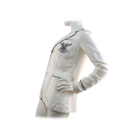 Giacca Donna Cricket Sport Coat Wov taglio maschile slim con stemma sul taschino e bordino decorativo a contrasto bianco/blu.
