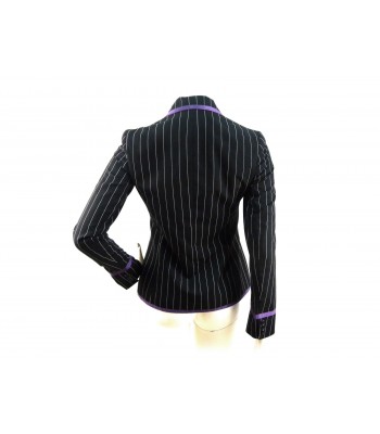 Woman jacket New Ashe Jacket Wov male cut pinstripe black / cream with purple contrasting border and crest on pocket. 2