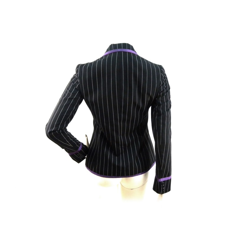Giacca Donna New Ashe Jacket Wov taglio maschile gessato nero/panna con bordatura a contrasto viola e stemma su taschino.