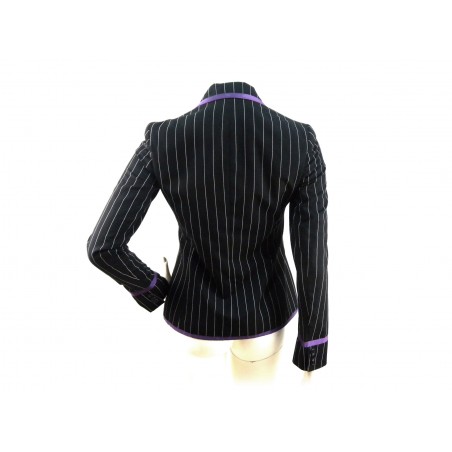 Woman jacket New Ashe Jacket Wov male cut pinstripe black / cream with purple contrasting border and crest on pocket.