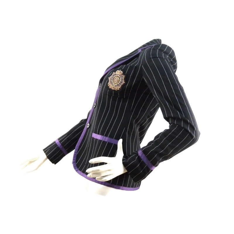 Giacca Donna New Ashe Jacket Wov taglio maschile gessato nero/panna con bordatura a contrasto viola e stemma su taschino.