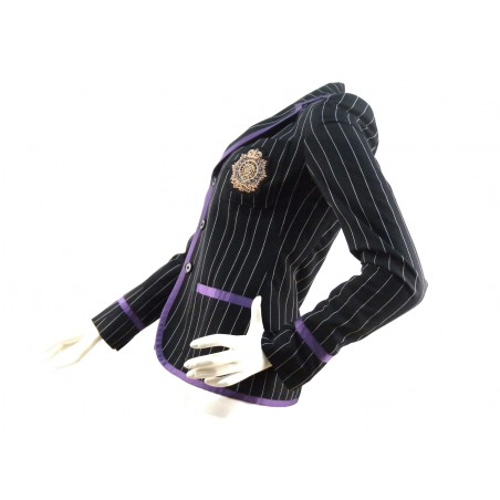 Woman jacket New Ashe Jacket Wov male cut pinstripe black / cream with purple contrasting border and crest on pocket.